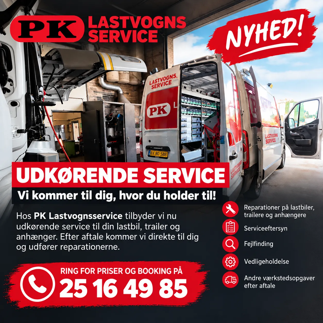 Nyhed fra PK Lastvognsservice: Udkørende service. Vi kommer til dig og udfører reparationer på lastbiler, trailere og anhængere, serviceeftersyn, fejlfinding, vedligeholdelse og andre værkstedsopgaver efter aftale. Ring for priser og booking på 25 16 49 85.